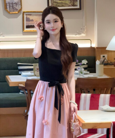 lili 홈 블랙 분말 모네 프랑스식 디자인 센스 3 차원 꽃 패치워크 허리 수축 드레스