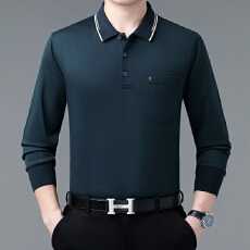 批发春秋长袖<b class='q'>t</b><b class='q'>恤</b>男中年棉质翻领polo衫宽松休闲爸爸装真口袋纯色上衣
