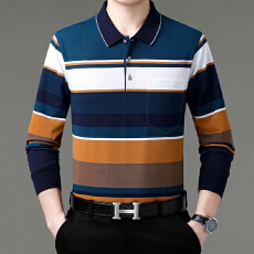 批发春秋长袖t恤男中年棉质翻领polo衫宽松休闲爸爸装真口袋条纹上衣