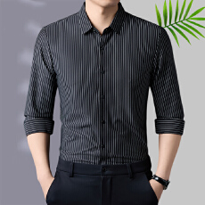 批发高端新款长袖衬衫男士<b class='q'>休闲</b>免烫衬衣中年<b class='q'>商务</b>冰丝条纹爸爸装上衣服
