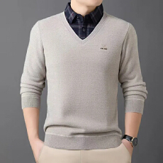 批发高端假两件一体绒针织衫男士冬季加绒加厚<b class='q'>衬衫</b>领毛衣男爸爸装上衣