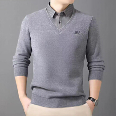 批发高端假两件一体绒针织衫男士冬季加绒加厚<b class='q'>衬衫</b>领毛衣男爸爸装上衣