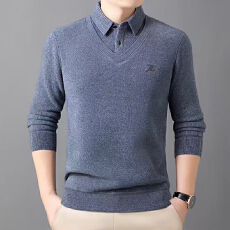 批发高端假两件一体绒针织衫男士冬季加绒加厚<b class='q'>衬衫</b>领毛衣男爸爸装上衣