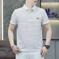 批发2026夏季新款中年男士翻领短袖polo衫宽松直筒高档条纹爸爸装上衣