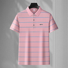 批发2026夏季新款中年男士翻领短袖polo衫宽松直筒高档条纹爸爸装上衣