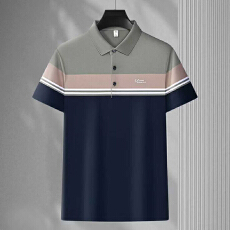 批发2026夏季新款中年男士翻领短袖polo衫宽松直筒高档条纹爸爸装上衣