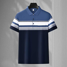批发2026夏季新款中年男士翻领短袖polo衫宽松直筒高档条纹爸爸装上衣