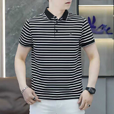 2026夏季新款中年男士翻领短袖polo衫宽松高档条纹半袖爸爸装上衣