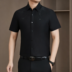 批发冰丝男士短袖衬<b class='q'>衫</b>男夏季新款薄款垂感高档衬<b class='q'>衣</b>中年爸爸装无痕<b class='q'>寸</b><b class='q'>衫</b>