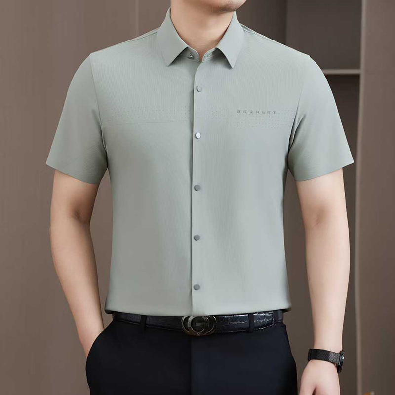 얼음 실크 남성 반팔 셔츠 남자 여름 새로운 얇은 스타일 도루 센스 고급 셔츠 중년 아빠 로드 중 없음 흔적 인치 셔츠