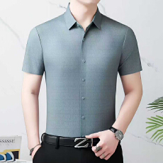 批发冰丝<b class='q'>男士</b>短袖<b class='q'>衬衫</b>男夏季新款薄款垂感高档<b class='q'>衬衣</b>中年爸爸装无痕寸衫