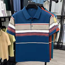 批发中老年<b class='q'>男士</b>短袖<b class='q'>t</b><b class='q'>恤</b><b class='q'>翻领</b>条纹棉涤薄款爸爸装口袋宽松百搭透气半袖