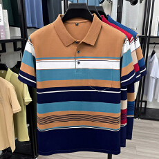 批发中老年<b class='q'>男士</b>短袖<b class='q'>t</b><b class='q'>恤</b><b class='q'>翻领</b>条纹棉涤薄款爸爸装口袋宽松百搭透气半袖