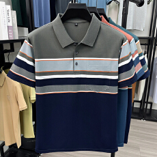 批发中老年<b class='q'>男士</b>短袖<b class='q'>t</b><b class='q'>恤</b><b class='q'>翻领</b>条纹棉涤薄款爸爸装口袋宽松百搭透气半袖