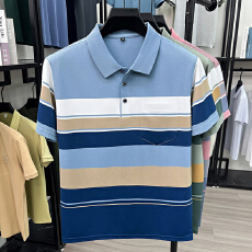 批发中老年<b class='q'>男士</b>短袖<b class='q'>t</b><b class='q'>恤</b><b class='q'>翻领</b>条纹棉涤薄款爸爸装口袋宽松百搭透气半袖