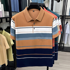 批发<b class='q'>男士</b>夏季polo衫短袖<b class='q'>t</b><b class='q'>恤</b>条纹中年爸爸装棉质有带真口袋<b class='q'>翻领</b>上衣服