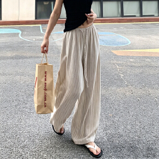 批发<b class='q'>夏季</b>新款松弛感日系棉麻条纹孕妇阔腿裤薄款垂感休闲亚麻直筒长裤