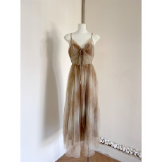 批发蝶宝嘻 春山远黛 双层水墨晕染网纱v领细吊带连衣裙高腰修身长裙