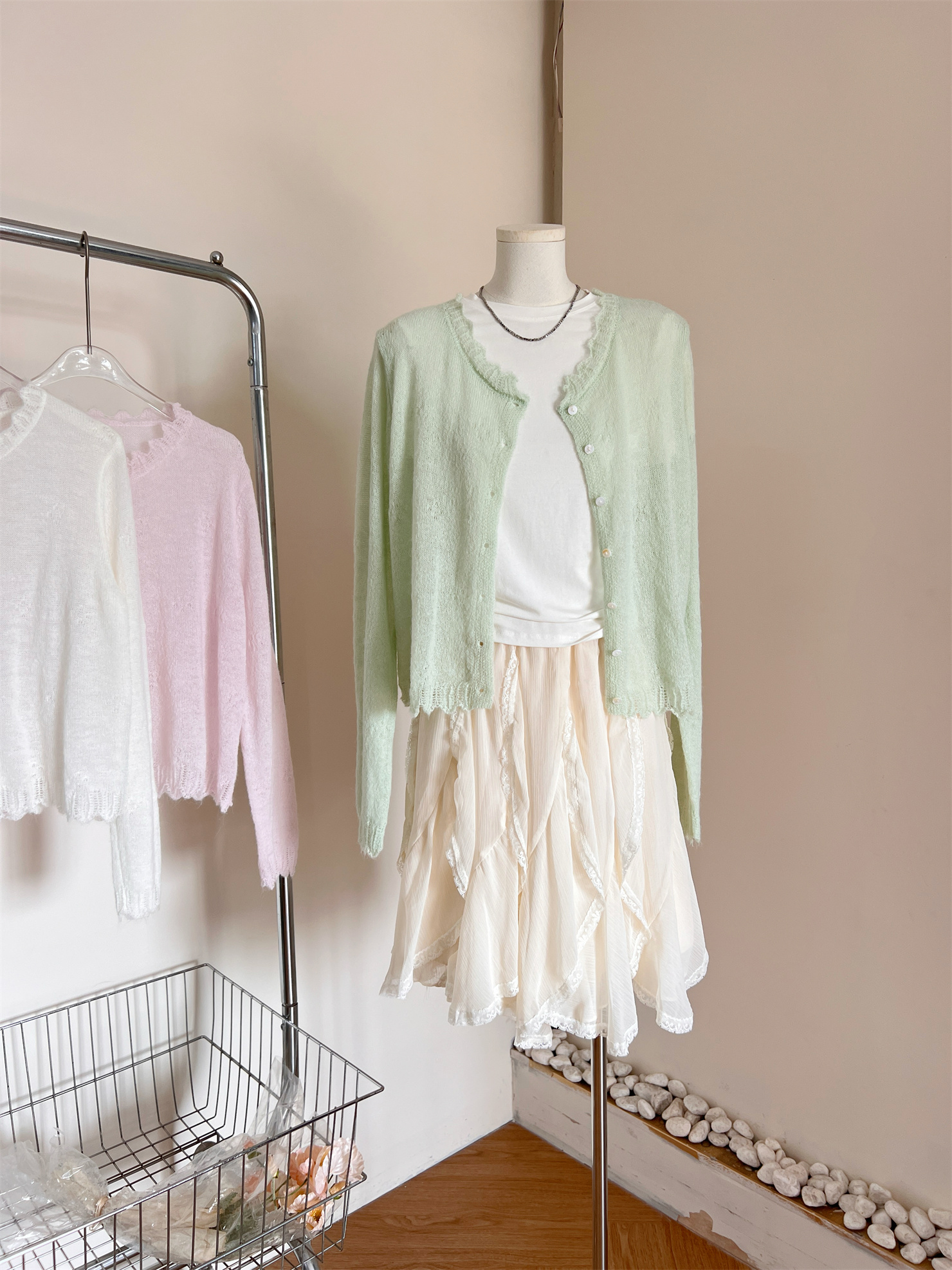 봄 새로운 한 부서 ins 부드러운 바람 슈퍼 얇은 양모 마 하이 혼방사 얇은 오픈 가디건