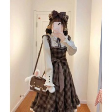 批发夏季新款韩版复古<b class='q'>唯美</b>学院风时尚修身显瘦小个子格纹<b class='q'>连衣裙</b>长裙女