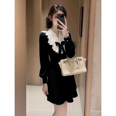批发小香风黑色蕾丝边连衣裙子女2025新款早秋高级感<b class='q'>气质</b>收腰丝绒短裙