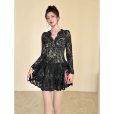批发蕾丝黑色裙子女<b class='q'>秋</b>冬气质v领连衣裙短款收腰显瘦荷叶边高端晚礼服
