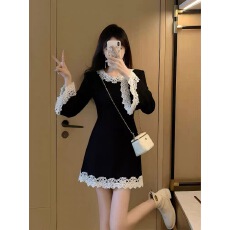 批发蕾丝拼接圆领<b class='q'>长袖</b>超好看的冬装连衣裙女2026新款收腰显瘦气质短裙
