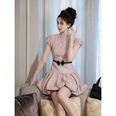 批发欧洲站粉色花苞裙<b class='q'>连衣裙</b>女夏季甜美小清新蕾丝修身绝美生日礼服裙