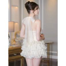 批发法式小香风蕾丝刺绣挂脖<b class='q'>连衣裙</b>女今年流行漂亮洋气荷叶边修身裙子