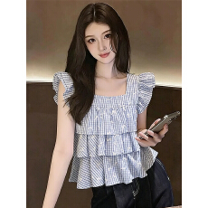 法式方领小飞袖格子衬衫夏季2026新款荷叶边蝴蝶结娃娃衫甜美上衣