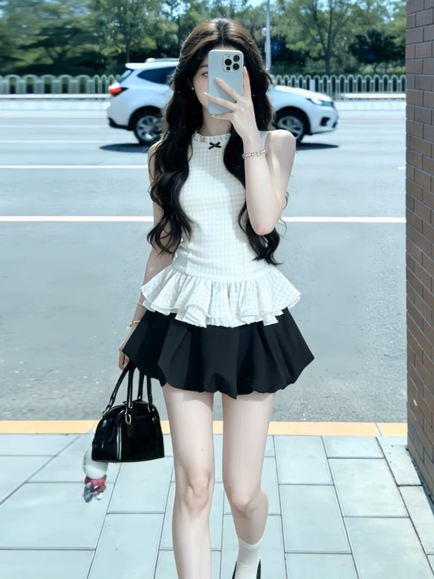 화이트 민소매 조끼 원피스 아이들 여름 2026 새로운 프랑스식 그레이트 봐라. 꽃밭 미니 스커트 에이즈 환자 세트