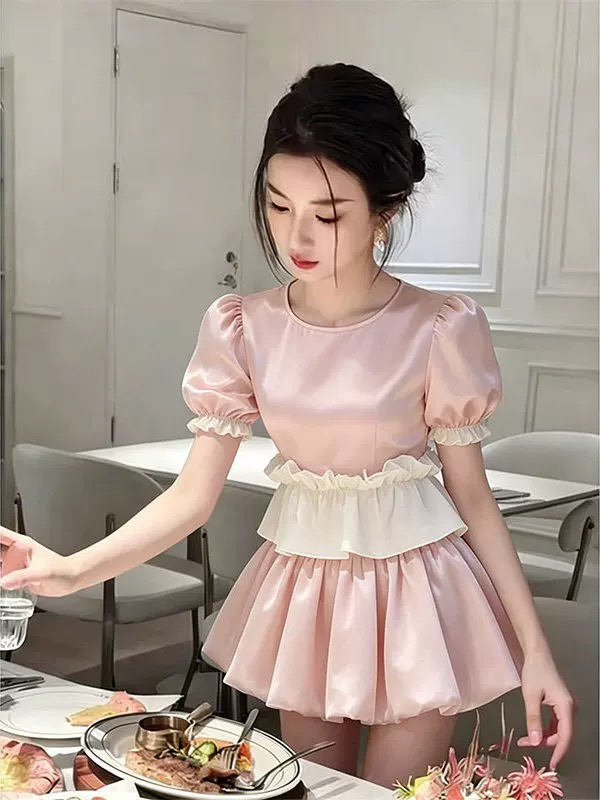 숙녀 바람 페이크 레이어드 거품 소매 프릴 세트 여성 여름 허리 수축 슬림해 보이는 달콤함 작은 키 투피스 세트 여성 의류