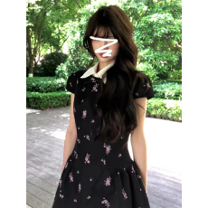 批发法式千金感黑色翻领碎花连衣裙子女夏2026新款气质掐腰显瘦公主裙
