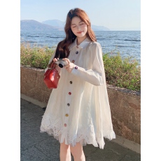 批发白色蕾丝<b class='q'>拼接</b>七彩扣<b class='q'>连衣裙</b>女2026春季新款高级感宽松气质a字裙潮