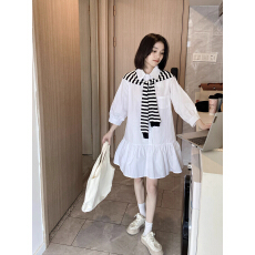 批发白色条纹披肩宽松<b class='q'>大码</b>胖妹妹mm连衣裙衬衫裙衬衣裙孕妇<b class='q'>秋装</b>七分袖