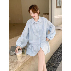 批发蕾丝<b class='q'>拼接</b>蓝色条纹<b class='q'>连衣裙</b>女2026秋新款巨好看洋气减龄小个子衬衫裙