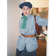 批发2025秋冬新款金靖同款工装复古风多口袋条纹牛仔外套