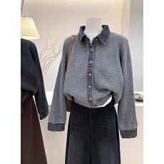 批发2025 假两件牛仔拼接Polo领毛衣女冬季新款针织衫保暖翻领上衣