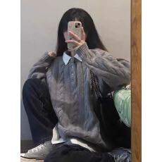 批发复古<b class='q'>时尚</b>麻花纹纽扣翻领毛衣女冬季宽松慵懒高级感针织衫外套