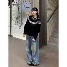 批发韩系黑色费尔岛提花圆领毛衣女秋冬外穿加厚宽松针织衫上衣