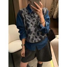 批发复古豹纹羊毛针织马甲<b class='q'>牛仔</b><b class='q'>衬衫</b>两件套女欧洲站2026春装新款欧货潮