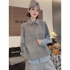 批发新款一整套穿搭高级感韩系时尚休闲针织毛衣背心磨毛格子衬衫套装