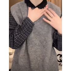 批发韩系<b class='q'>时尚</b>设计感春装镂空翻领格纹衬衫叠穿针织马甲两件套