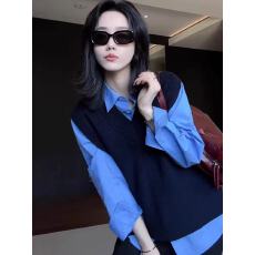 批发蓝色针织<b class='q'>马甲</b>衬衫两件套女早春高级感穿搭秋冬打底衫叠穿上衣