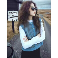 批发高级感费尔岛风撞色提花排扣针织马甲女秋冬短款叠穿背心蓝色外套