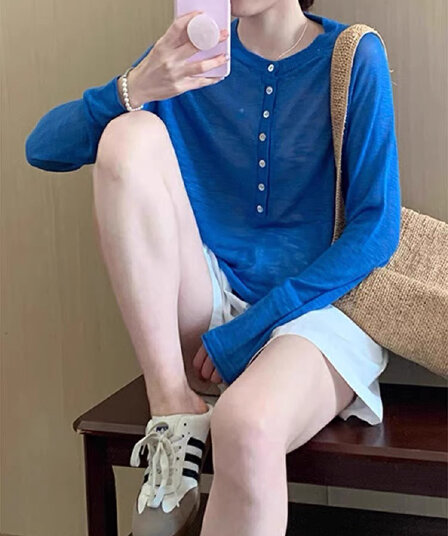 2026 톰 글 래 원인 블루 Tulle 자외선 차단 에어컨 블라우스 여성 여름 얇은 스타일 반 개방 버클 얼음 실크 긴팔 맨위