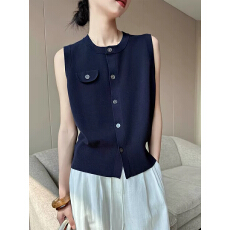 批发气质感藏青色冰丝针织马甲2026背心开衫女夏季无袖修身短款上衣薄