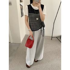 批发2026春新款抽绳系带镂空条纹针织背心+短袖t恤两件套上衣女