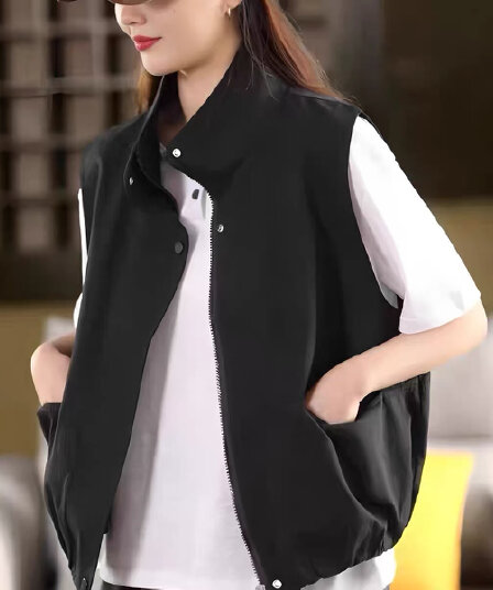 2026 봄 새로운 워크웨어 조끼 스탠드 칼라 지퍼 조끼 여자 루즈핏 다용도 민소매 어깨 재킷