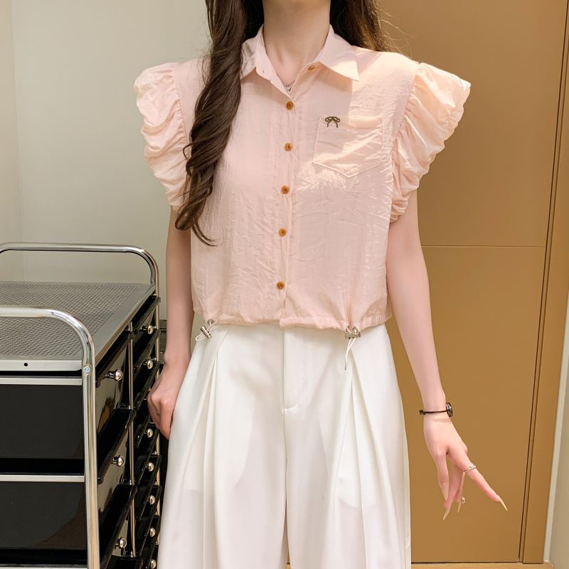 FA24658# 服裝批發女裝批發服飾貨源蝴蝶结刺绣小飞袖白衬衫女短款抽绳衬衣设计感无袖上衣